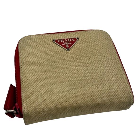 Prada Two Tone Wallet Purse in Canvas and Red Leather Mint Condition - Picture 2 of 16